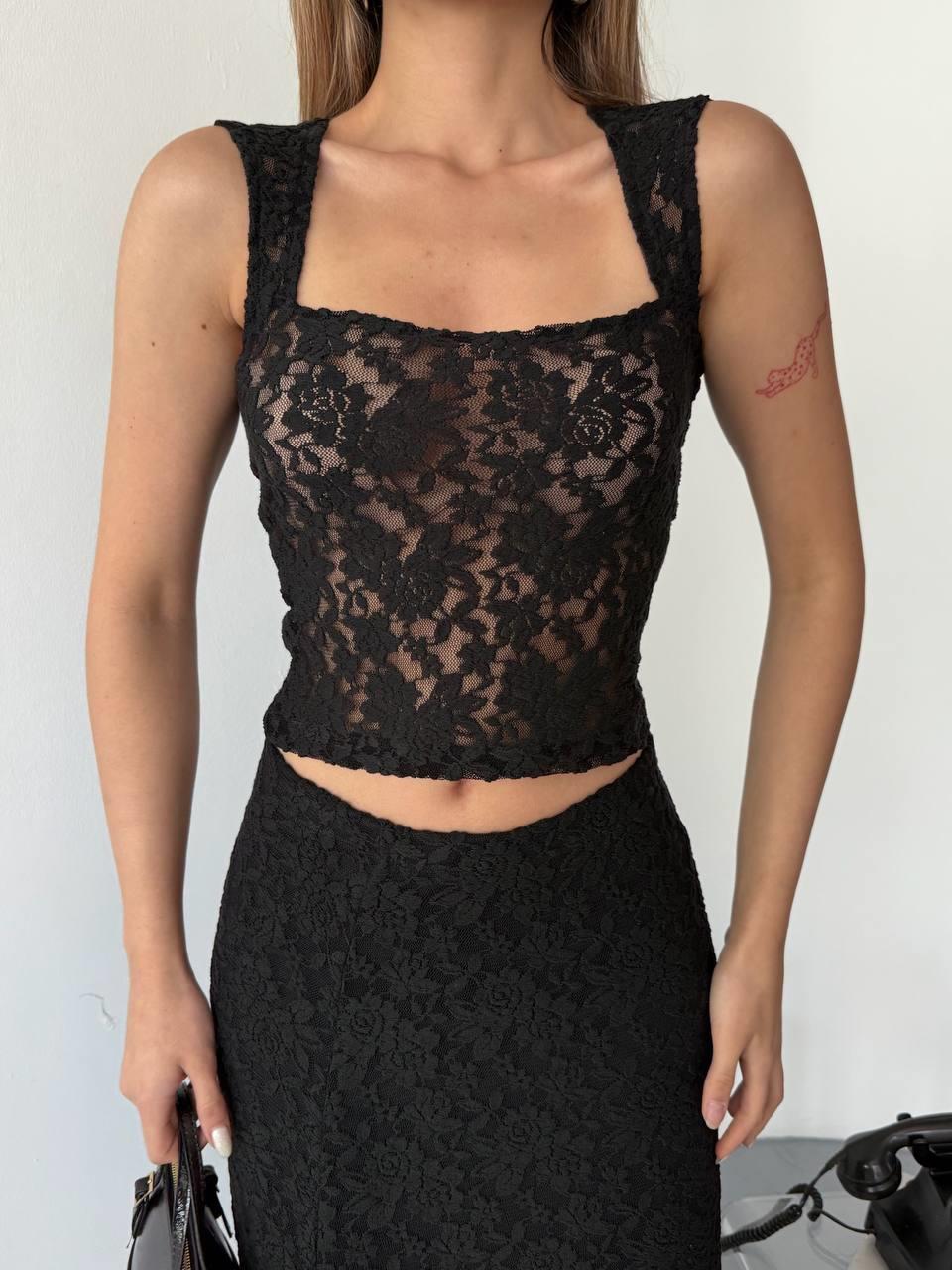 KARE YAKA DANTEL CROP-2465 - SİYAH