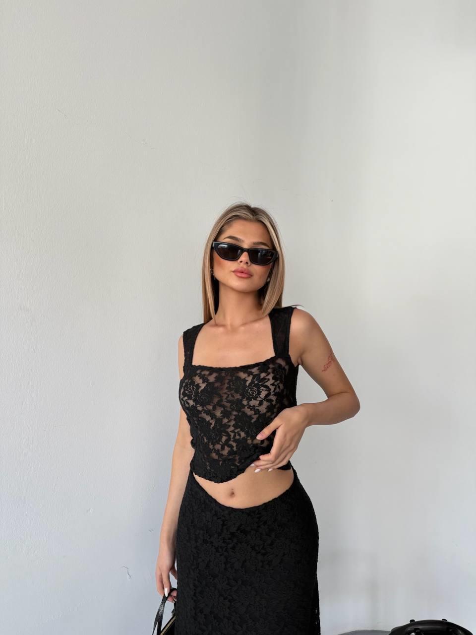 KARE YAKA DANTEL CROP-2465 - SİYAH