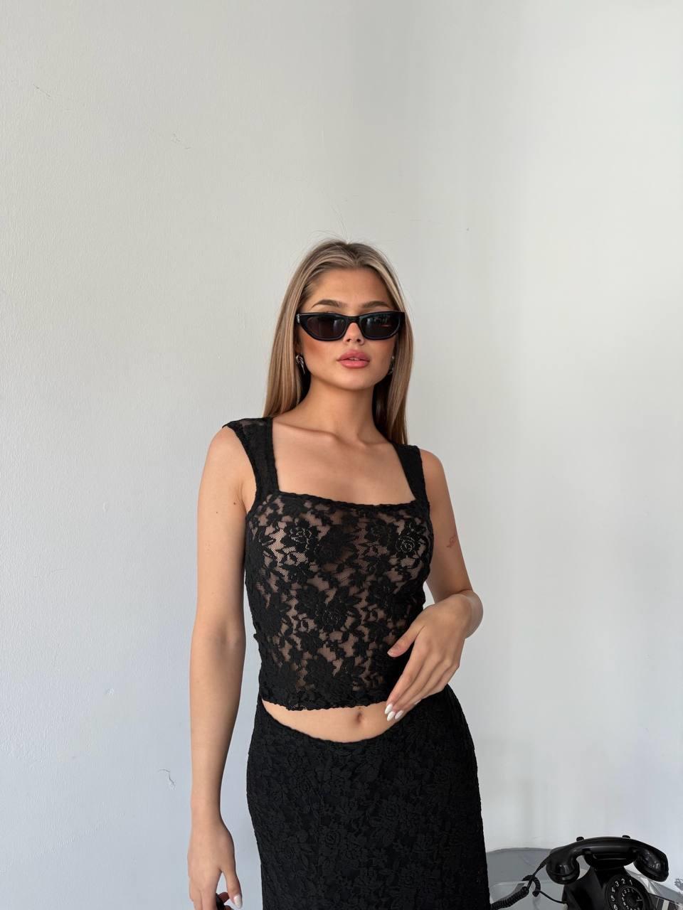 KARE YAKA DANTEL CROP-2465 - SİYAH