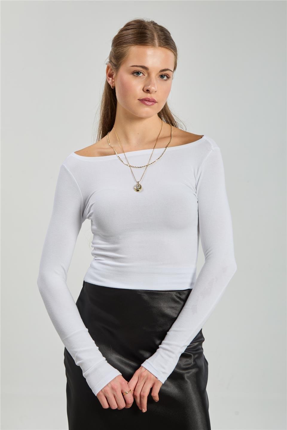 Kayık yaka uzun kol body-4419 - Beyaz