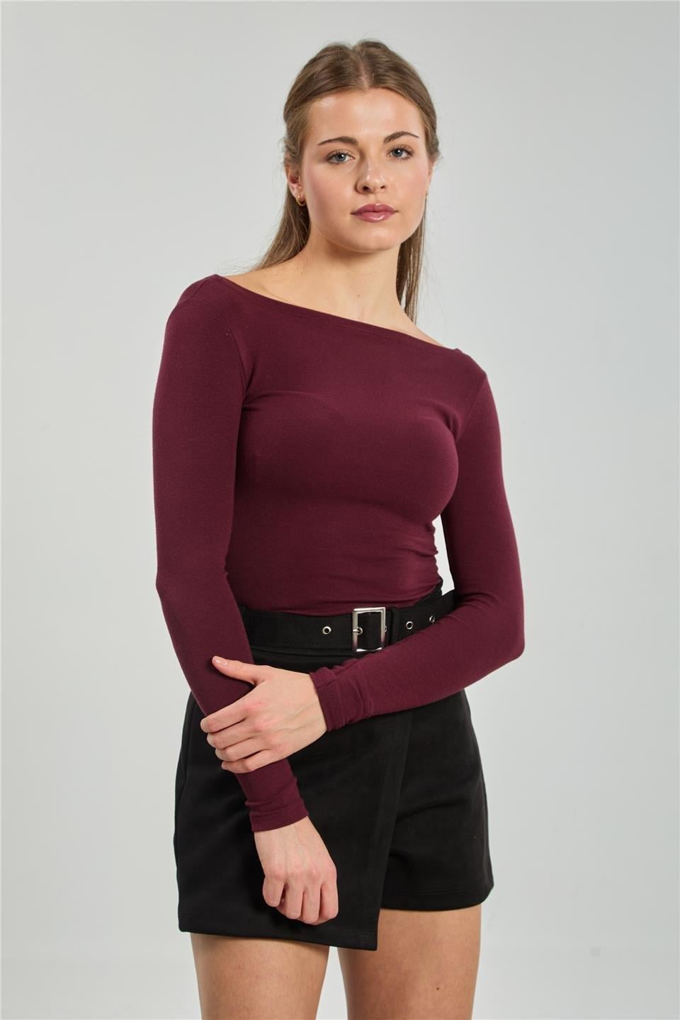Kayık yaka uzun kol body-4419 - Bordo