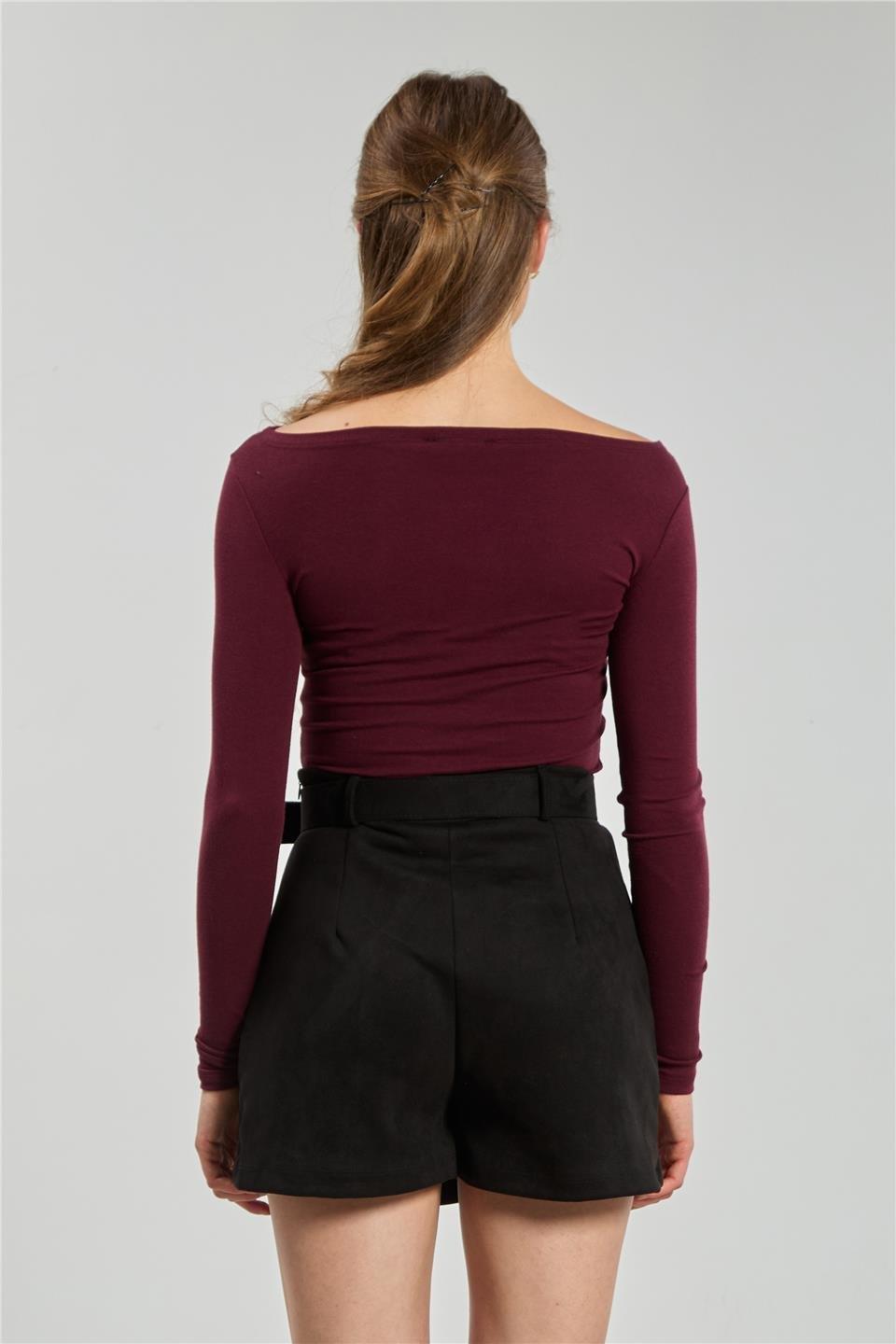 Kayık yaka uzun kol body-4419 - Bordo