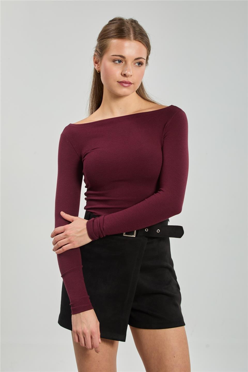Kayık yaka uzun kol body-4419 - Bordo