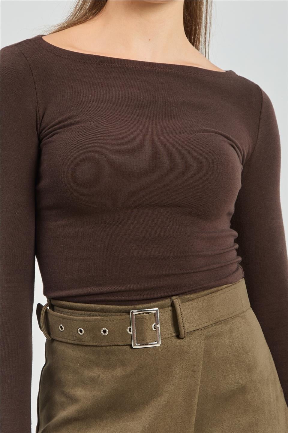 Kayık yaka uzun kol body-4419 - Kahve
