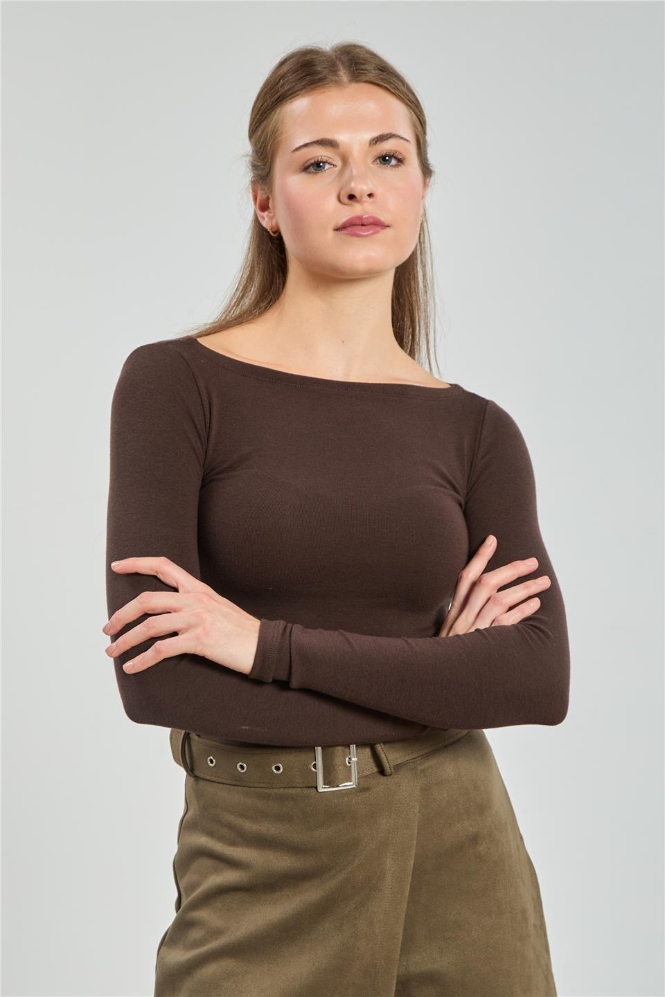 Kayık yaka uzun kol body-4419 - Kahve