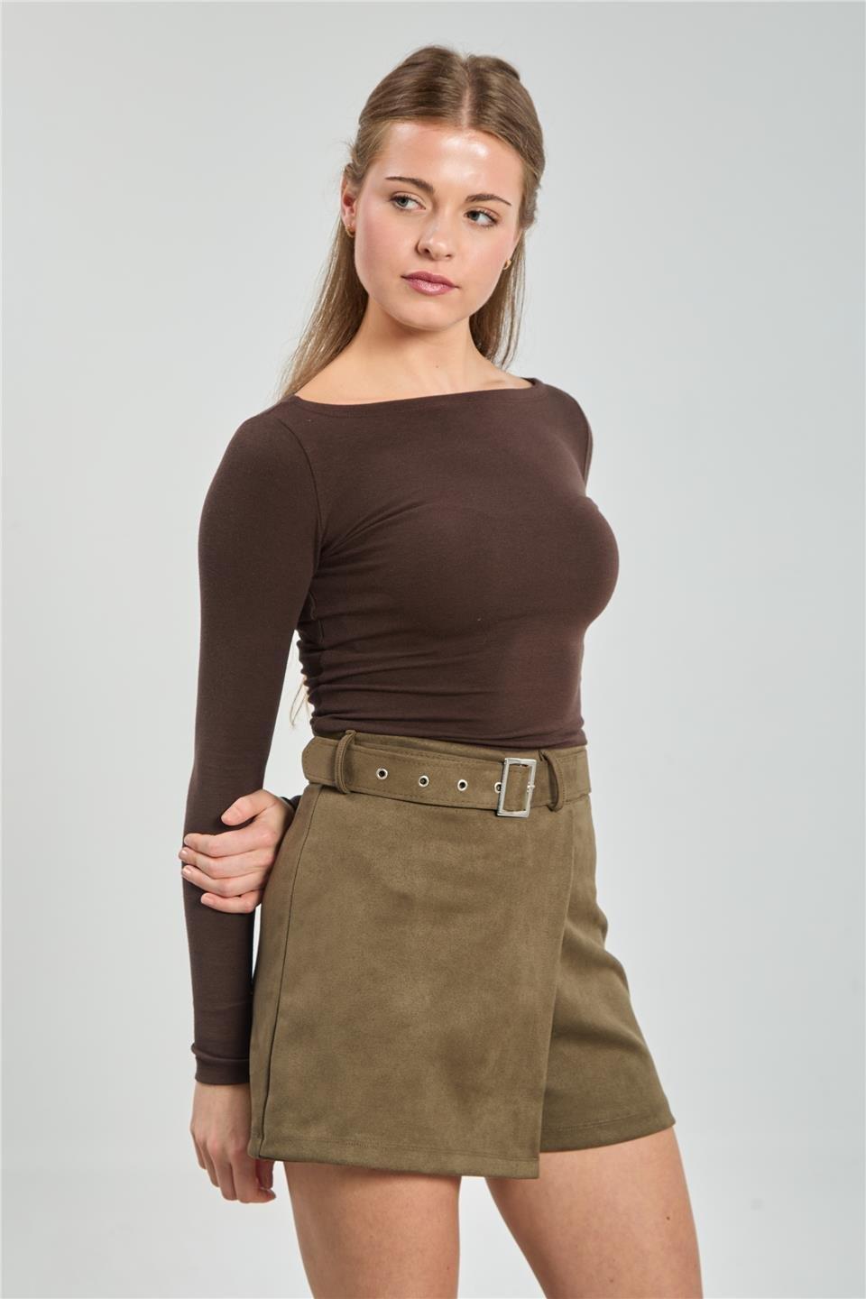Kayık yaka uzun kol body-4419 - Kahve