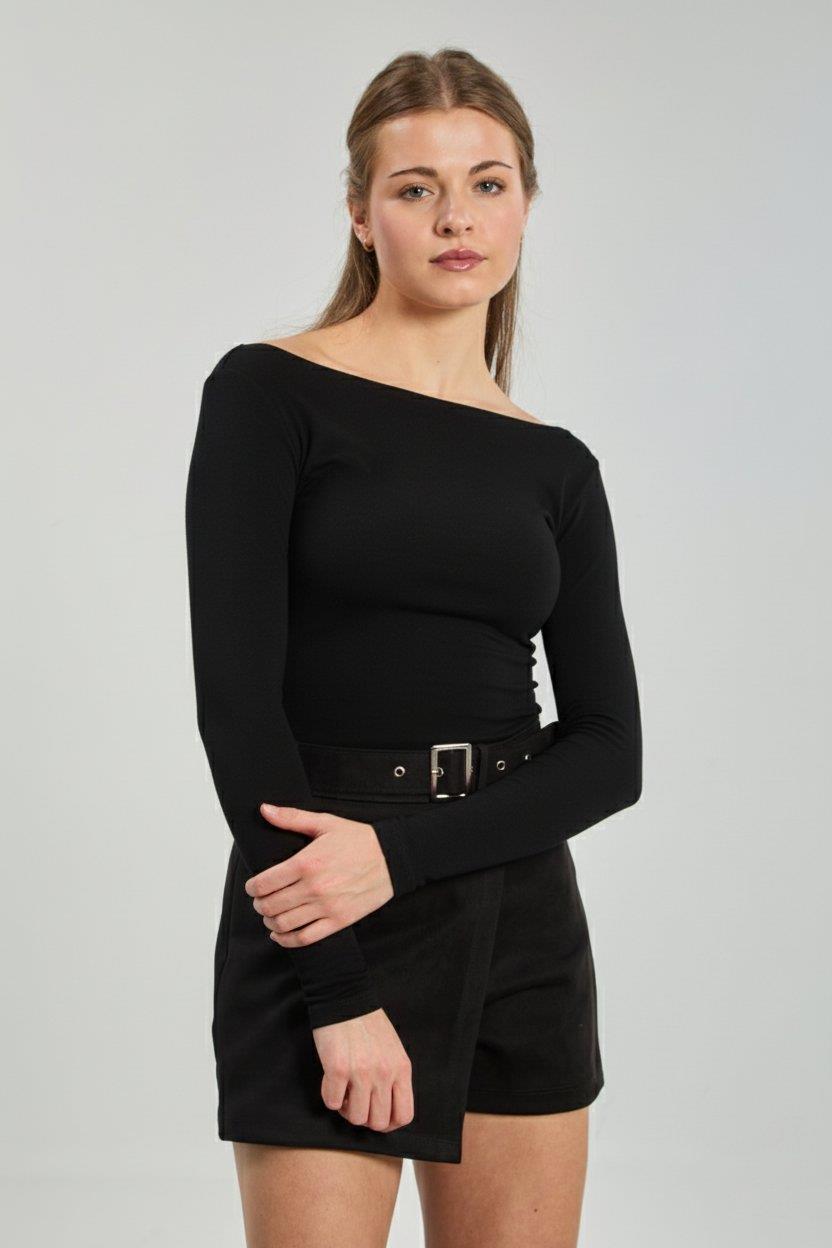 Kayık yaka uzun kol body-4419 - Siyah