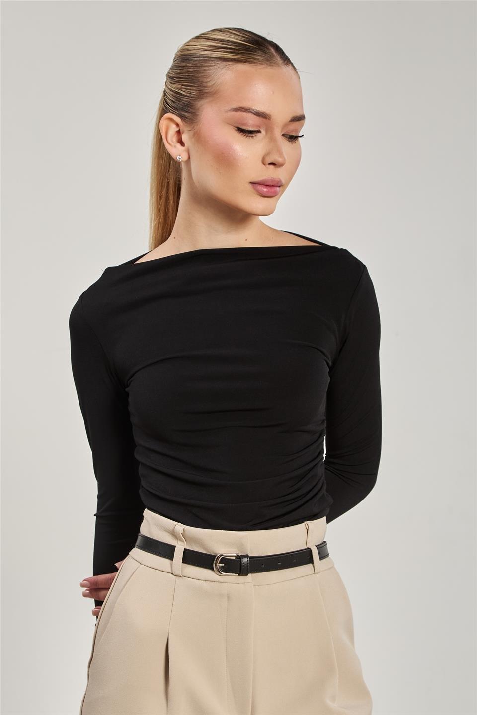 Kayık yaka uzun kollu body-10128 - Siyah