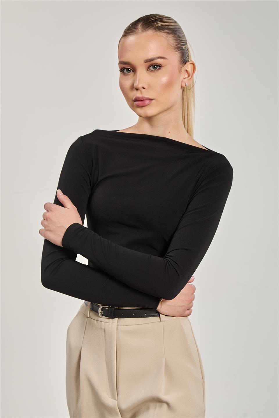 Kayık yaka uzun kollu body-10128 - Siyah