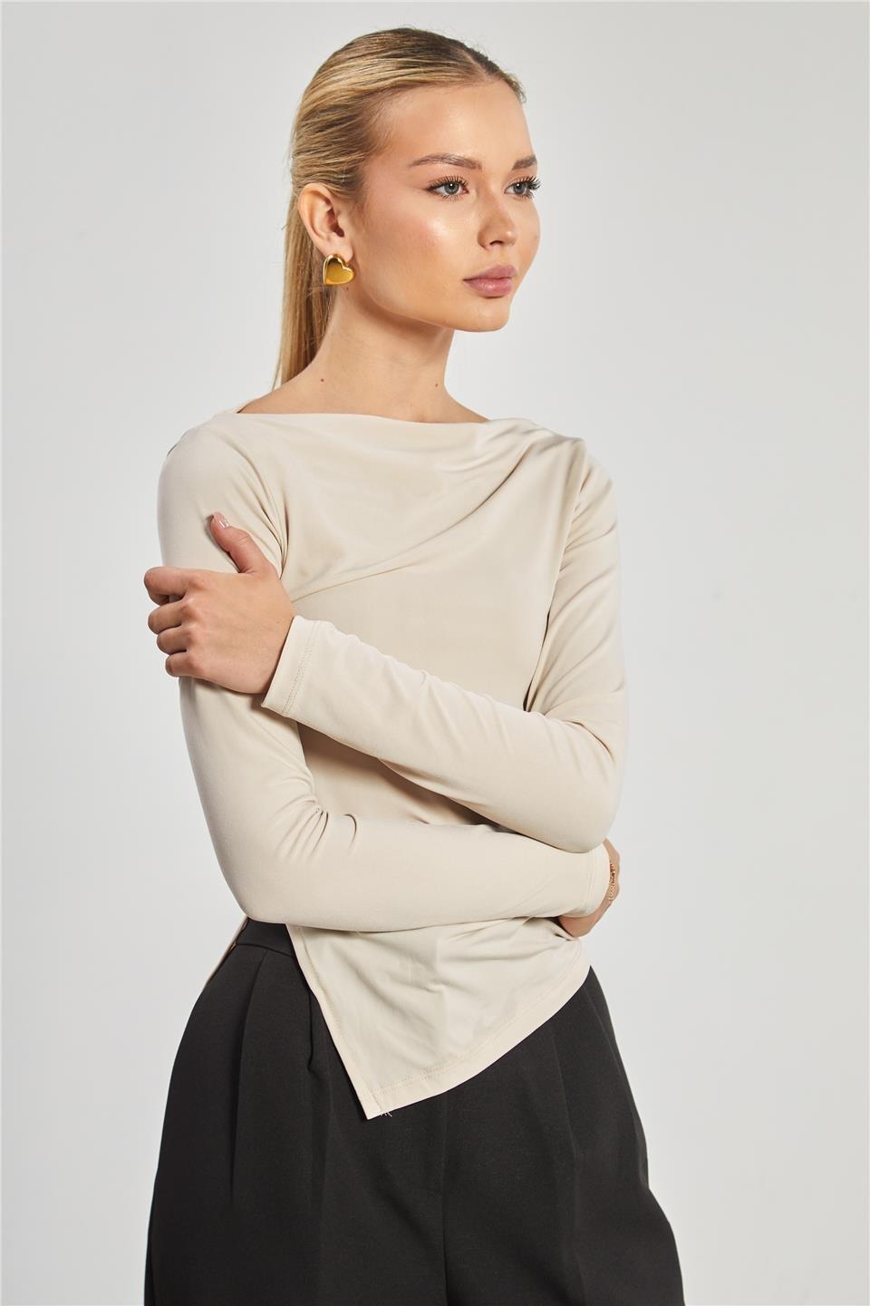 Kayık yaka uzun kollu body-10128 - Taş