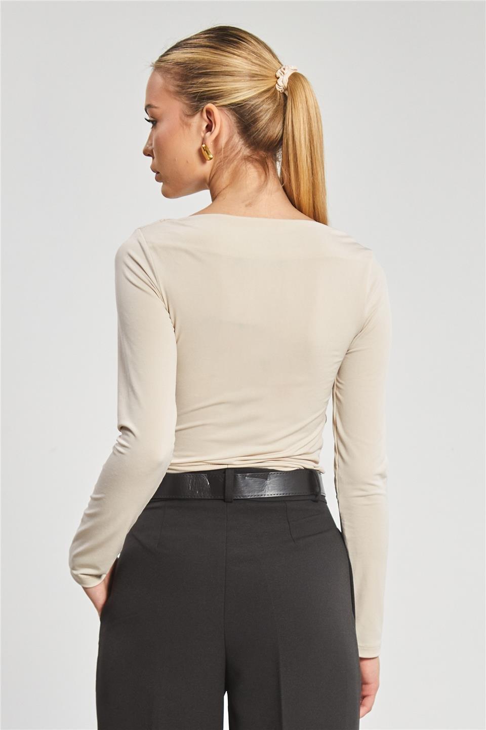 Kayık yaka uzun kollu body-10128 - Taş