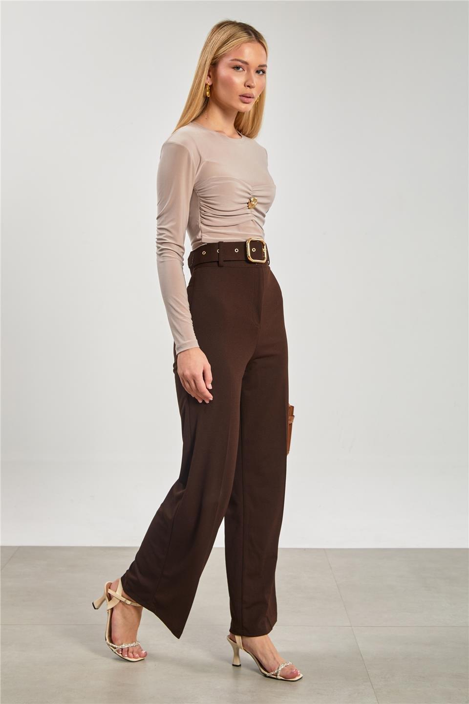Kemerli bol paça kumaş pantolon-5059 - Acı Kahve