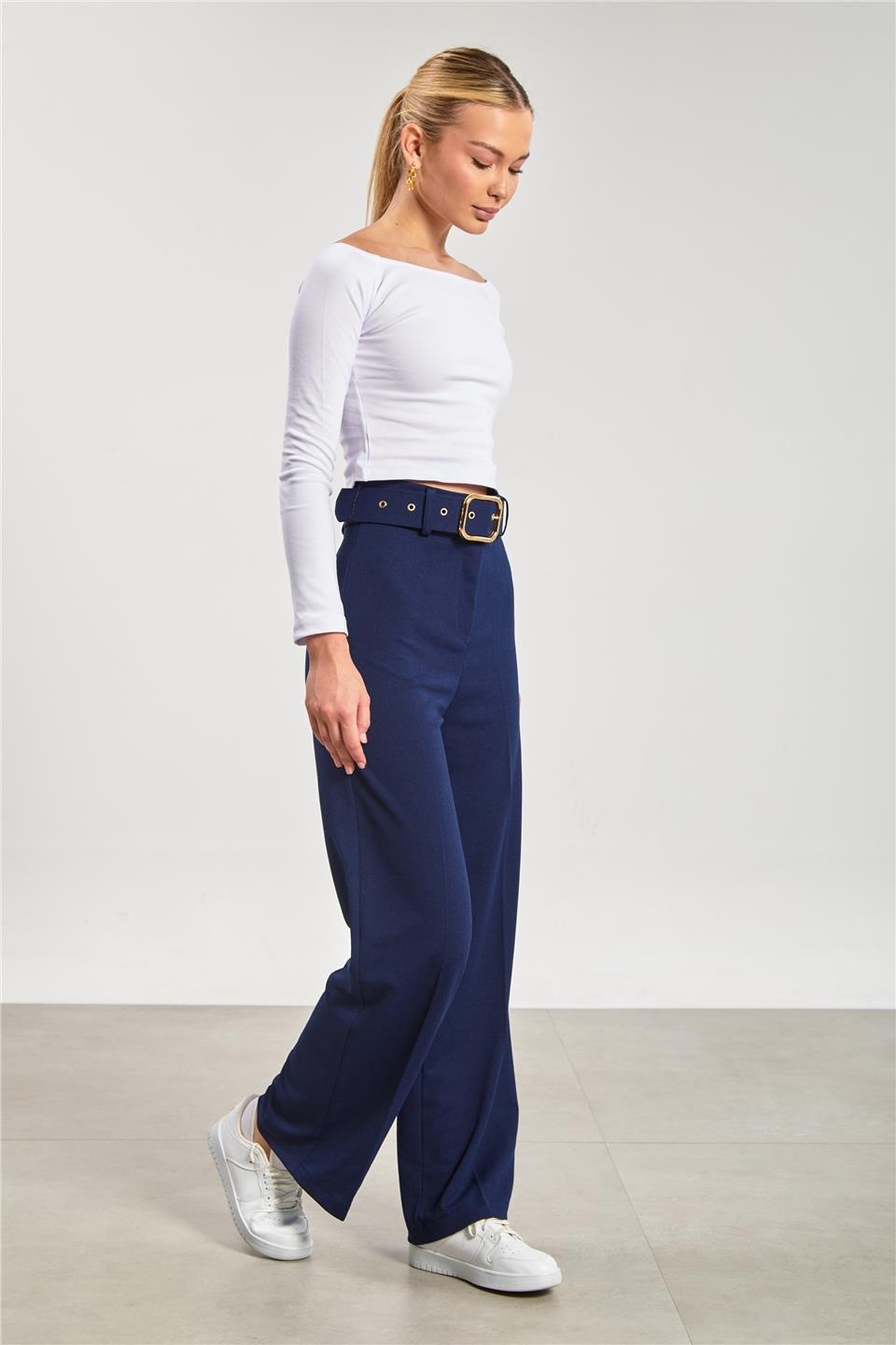 Kemerli bol paça kumaş pantolon-5059 - Lacivert