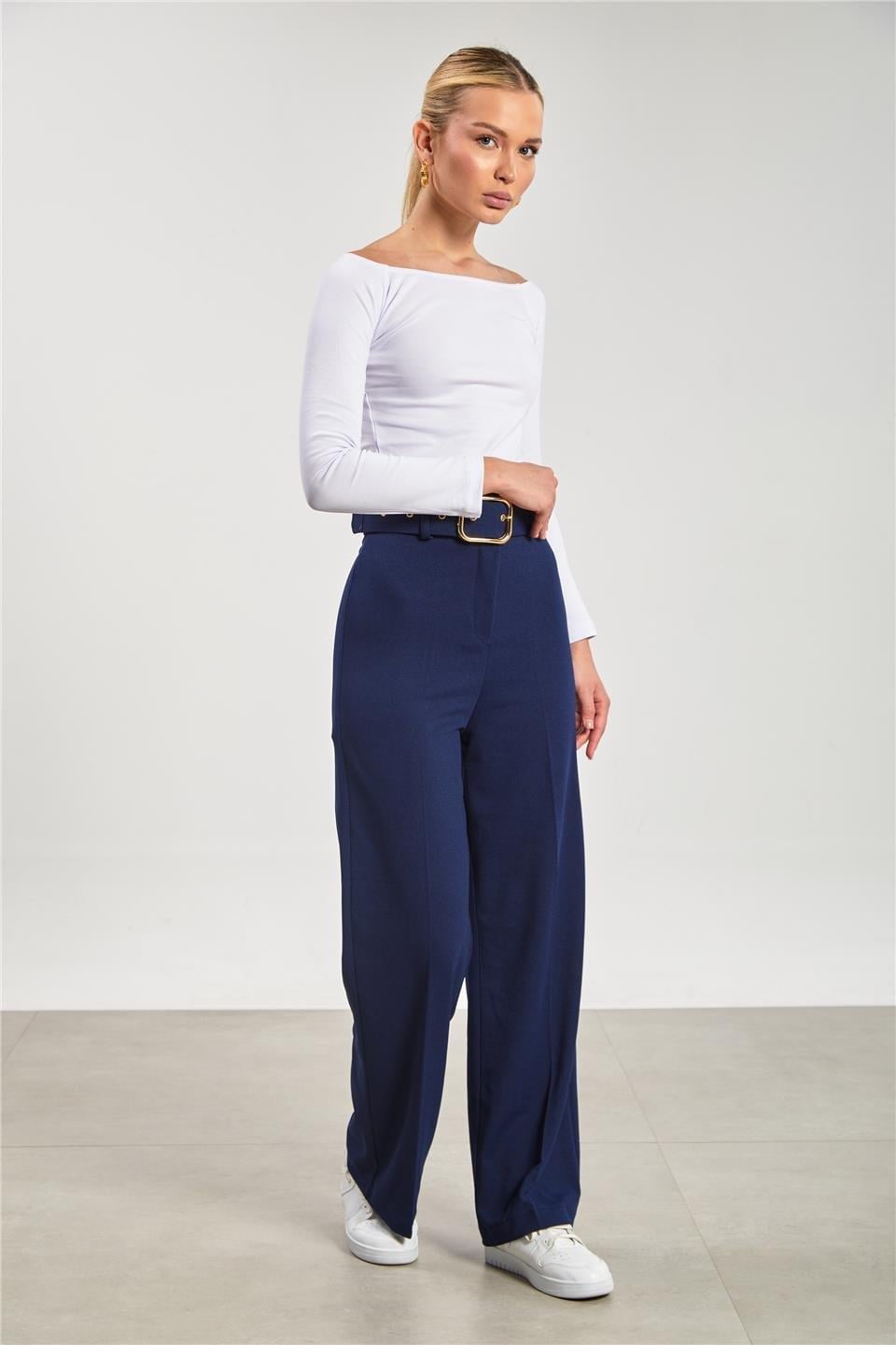 Kemerli bol paça kumaş pantolon-5059 - Lacivert