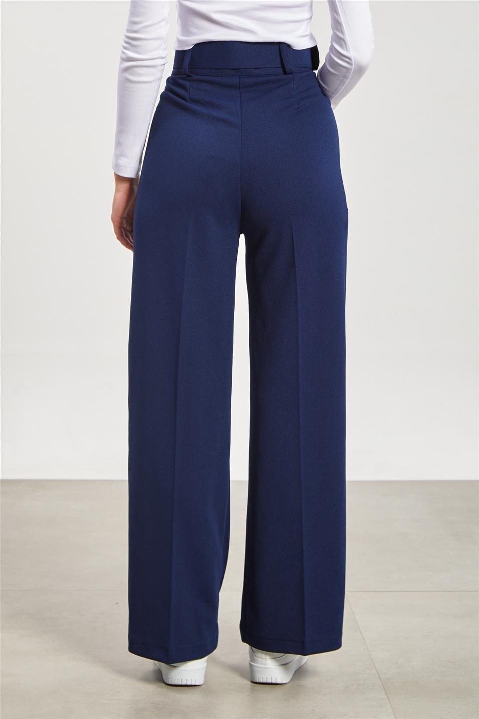 Kemerli bol paça kumaş pantolon-5059 - Lacivert