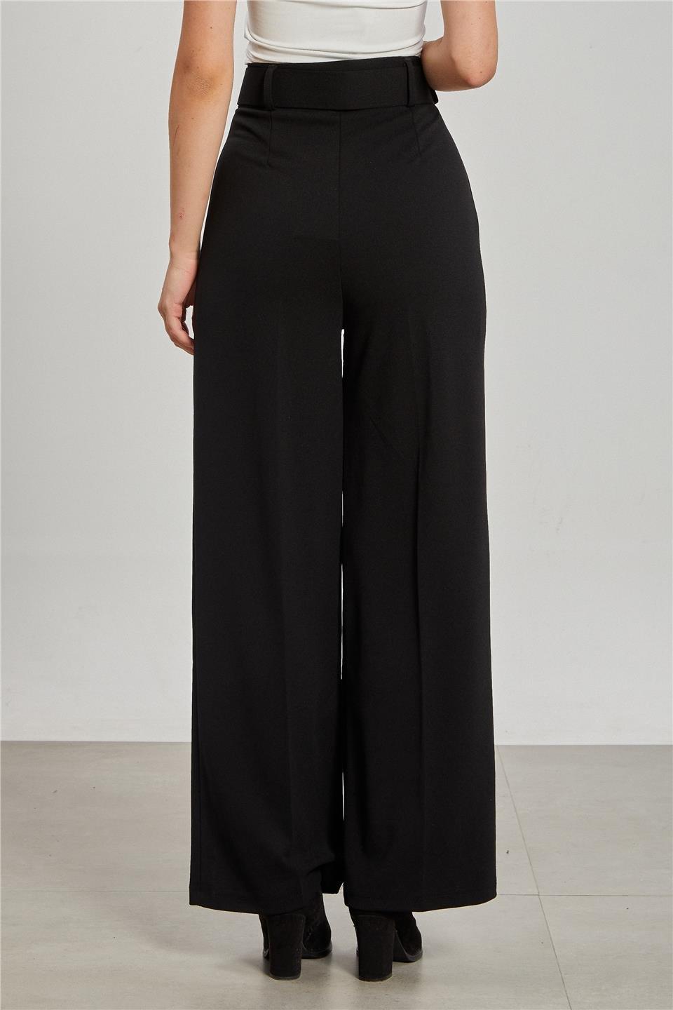 Kemerli bol paça kumaş pantolon-5059 - Siyah