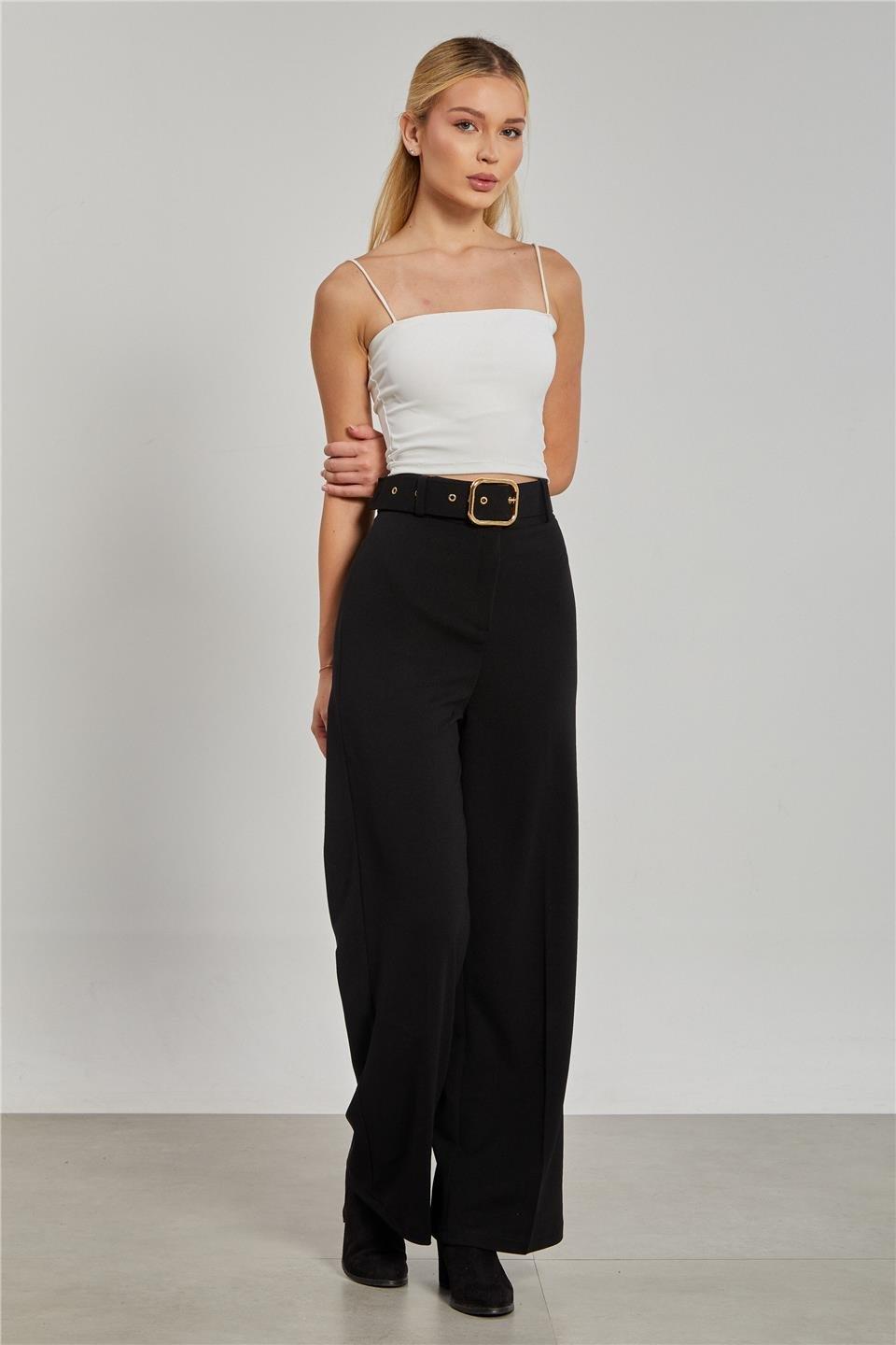 Kemerli bol paça kumaş pantolon-5059 - Siyah