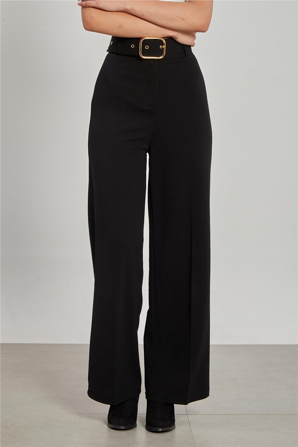 Kemerli bol paça kumaş pantolon-5059 - Siyah