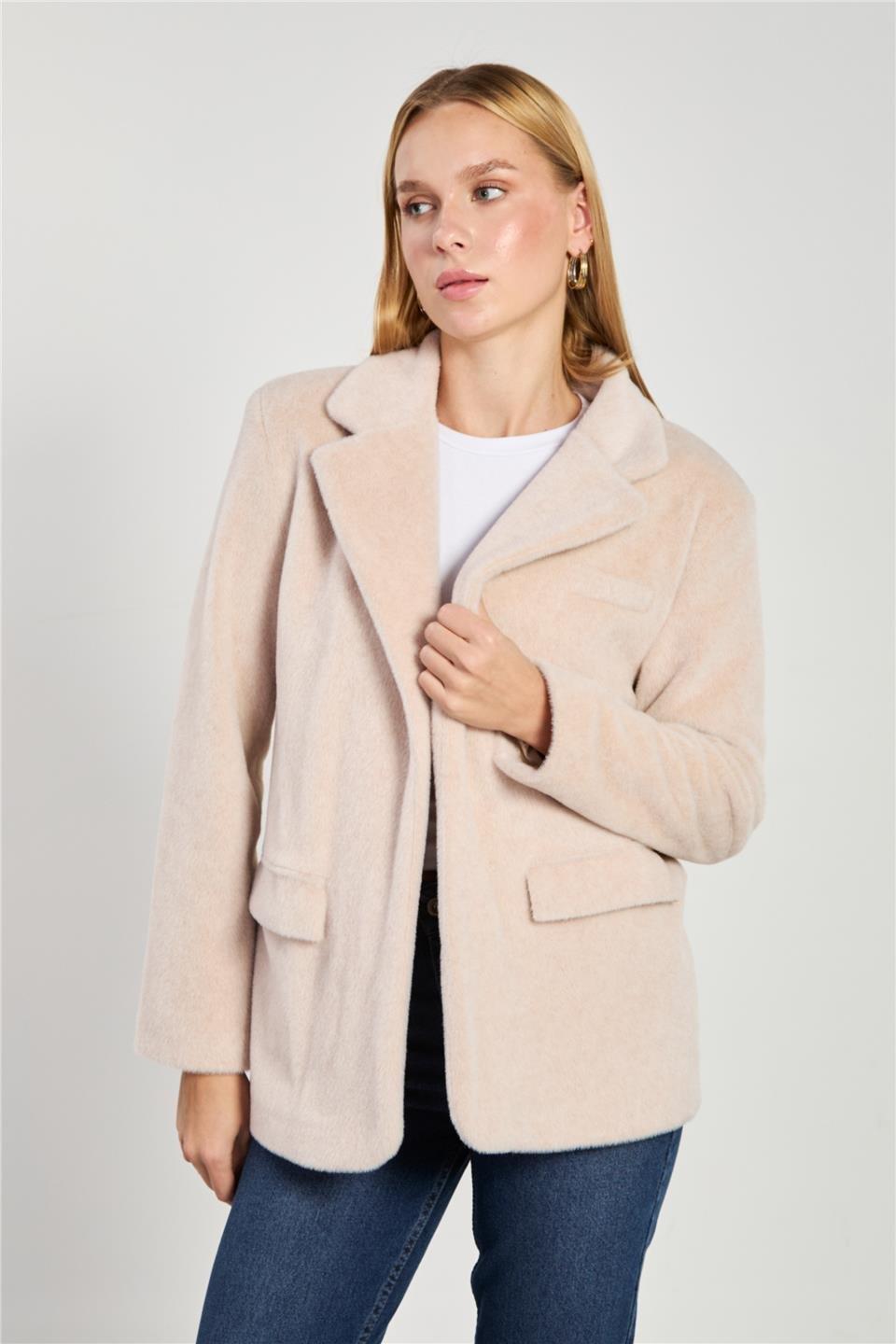 Kemerli kaşe ceket-2761 - Bej