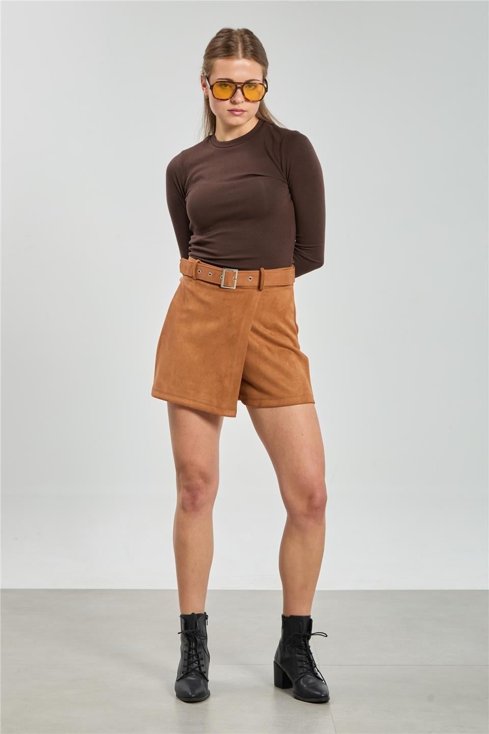 Kemerli süet şort etek-5973 - Taba