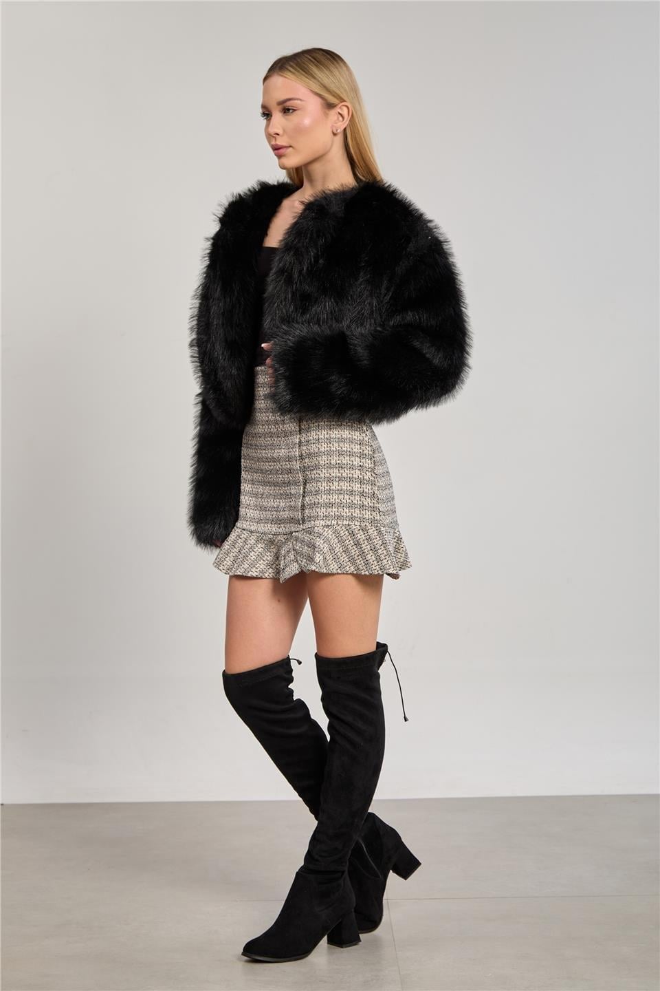 Kısa peluş mont-2658 - Siyah
