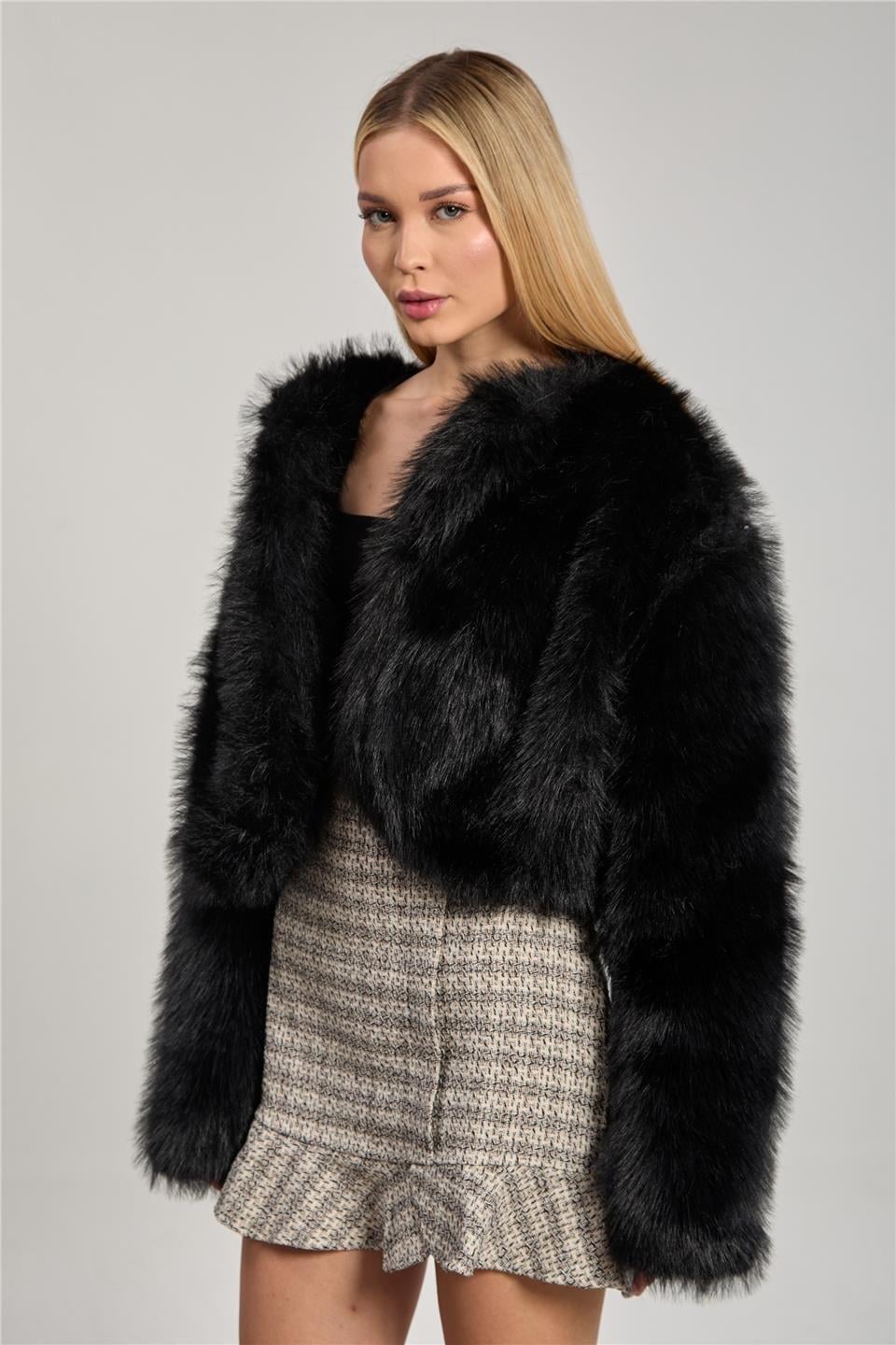 Kısa peluş mont-2658 - Siyah