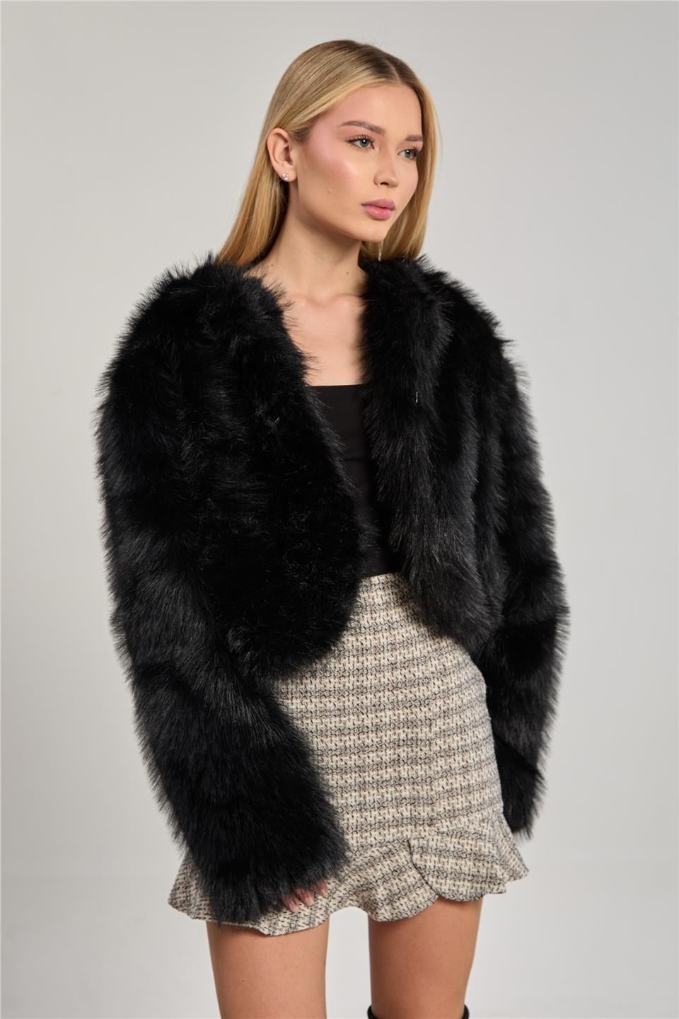Kısa peluş mont-2658 - Siyah