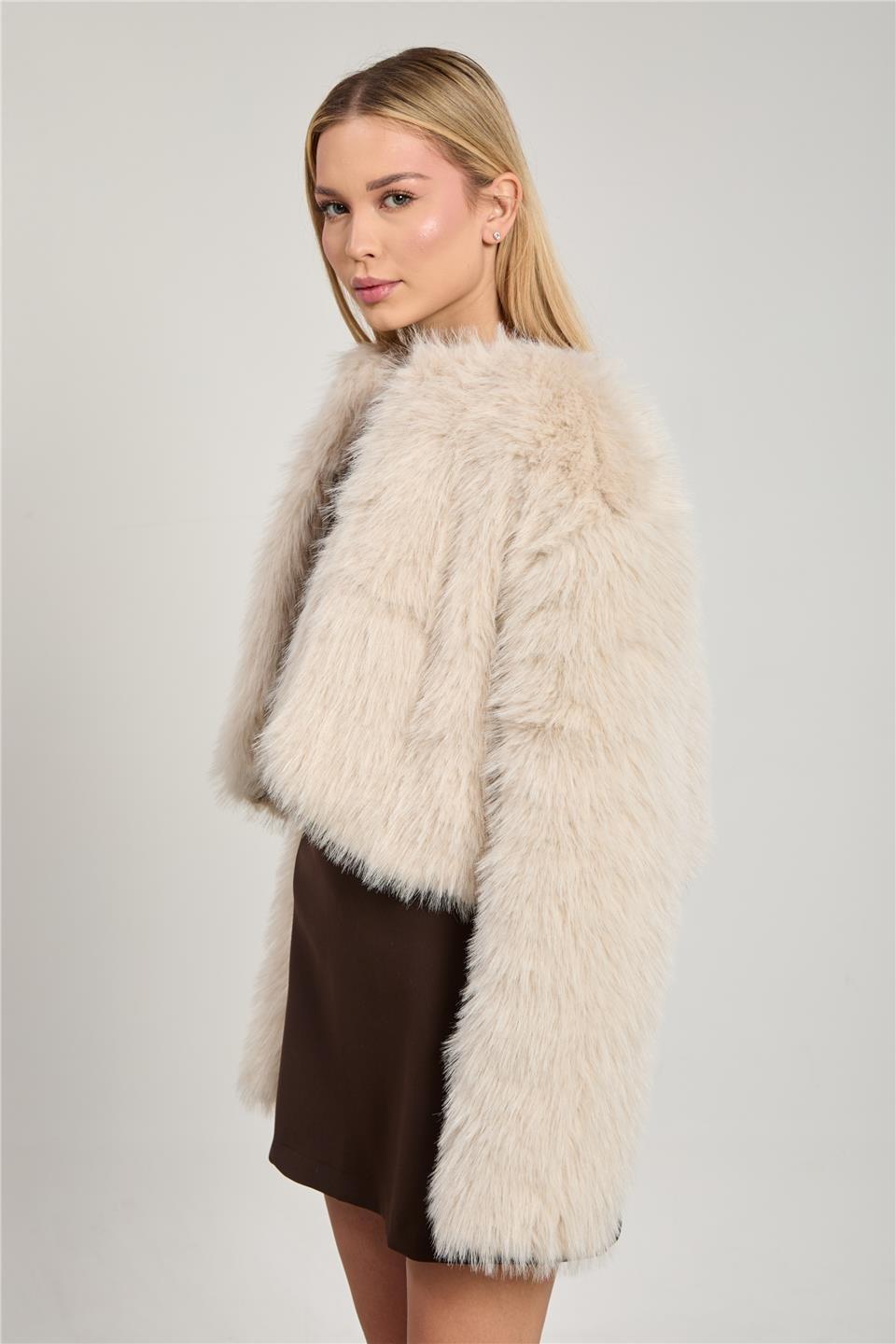 Kısa peluş mont-2658 - Taş