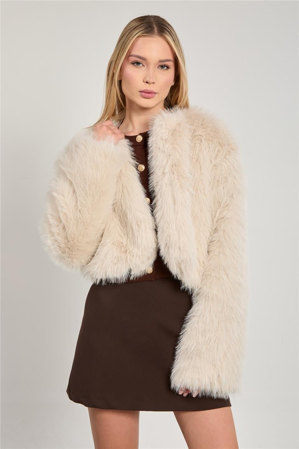 Kısa peluş mont-2658 - Taş
