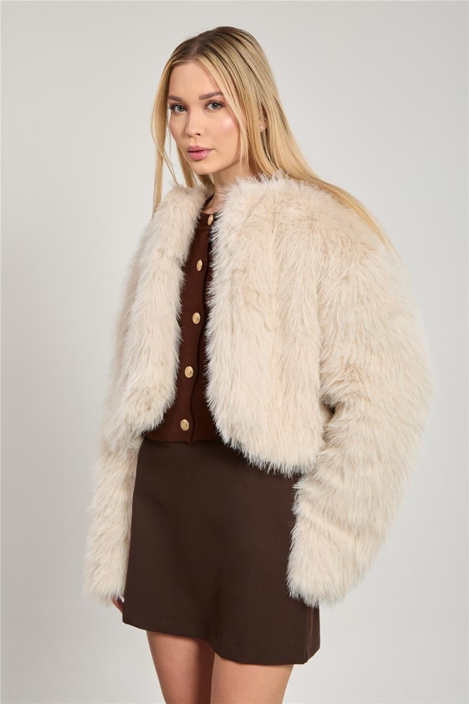 Kısa peluş mont-2658 - Taş