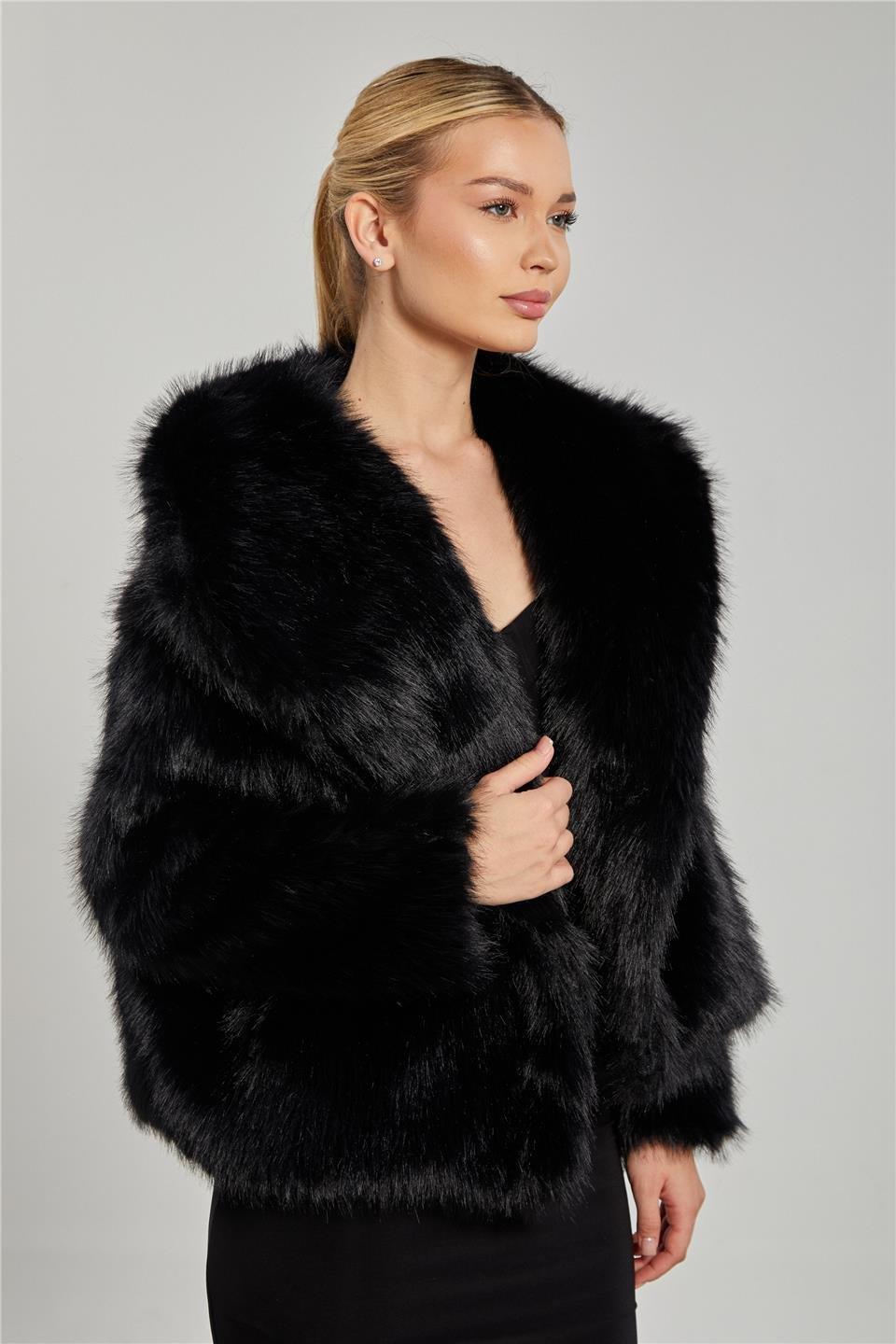 Kruvaze yaka peluş mont-23-273 - Siyah