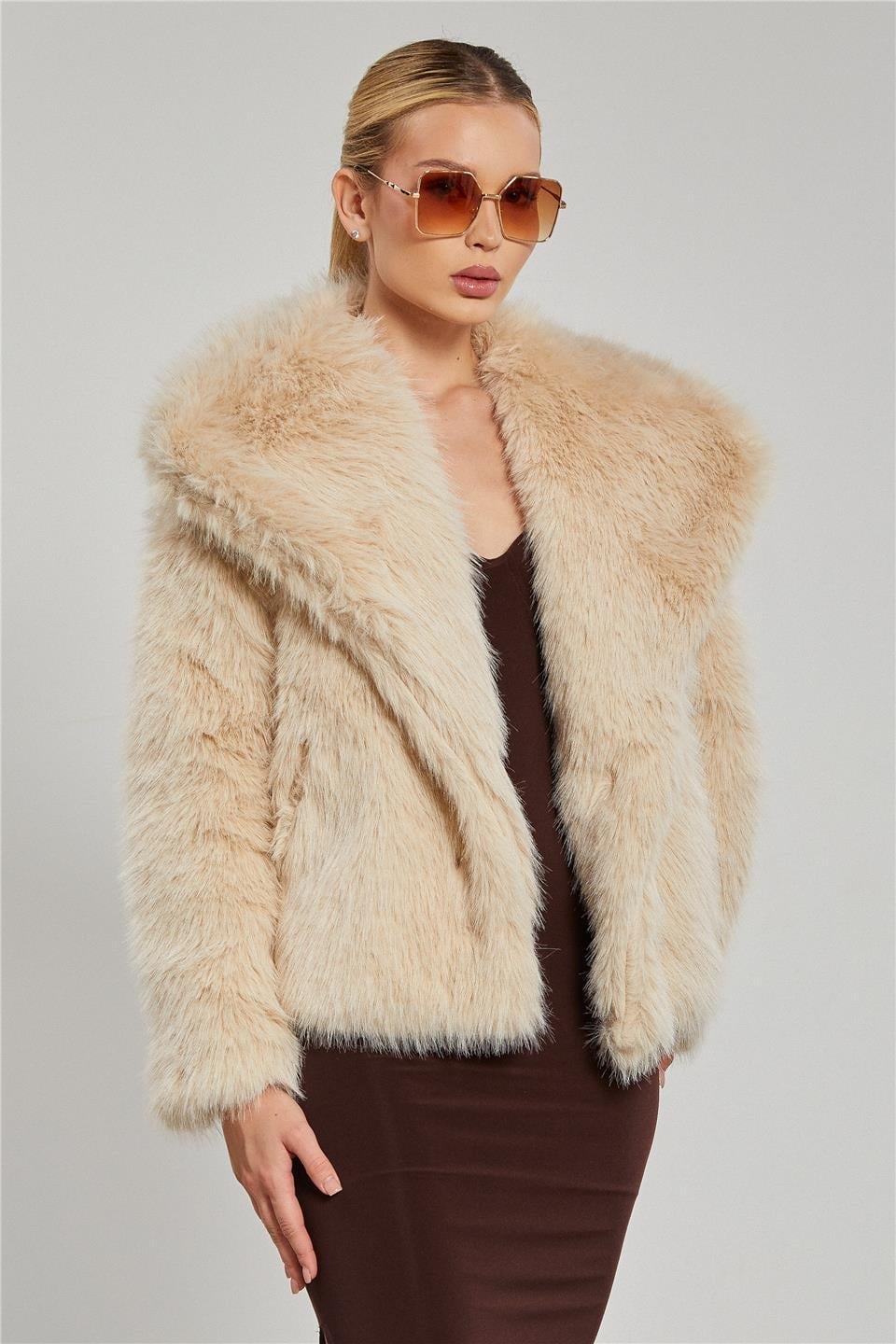 Kruvaze yaka peluş mont-23-273 - Taş