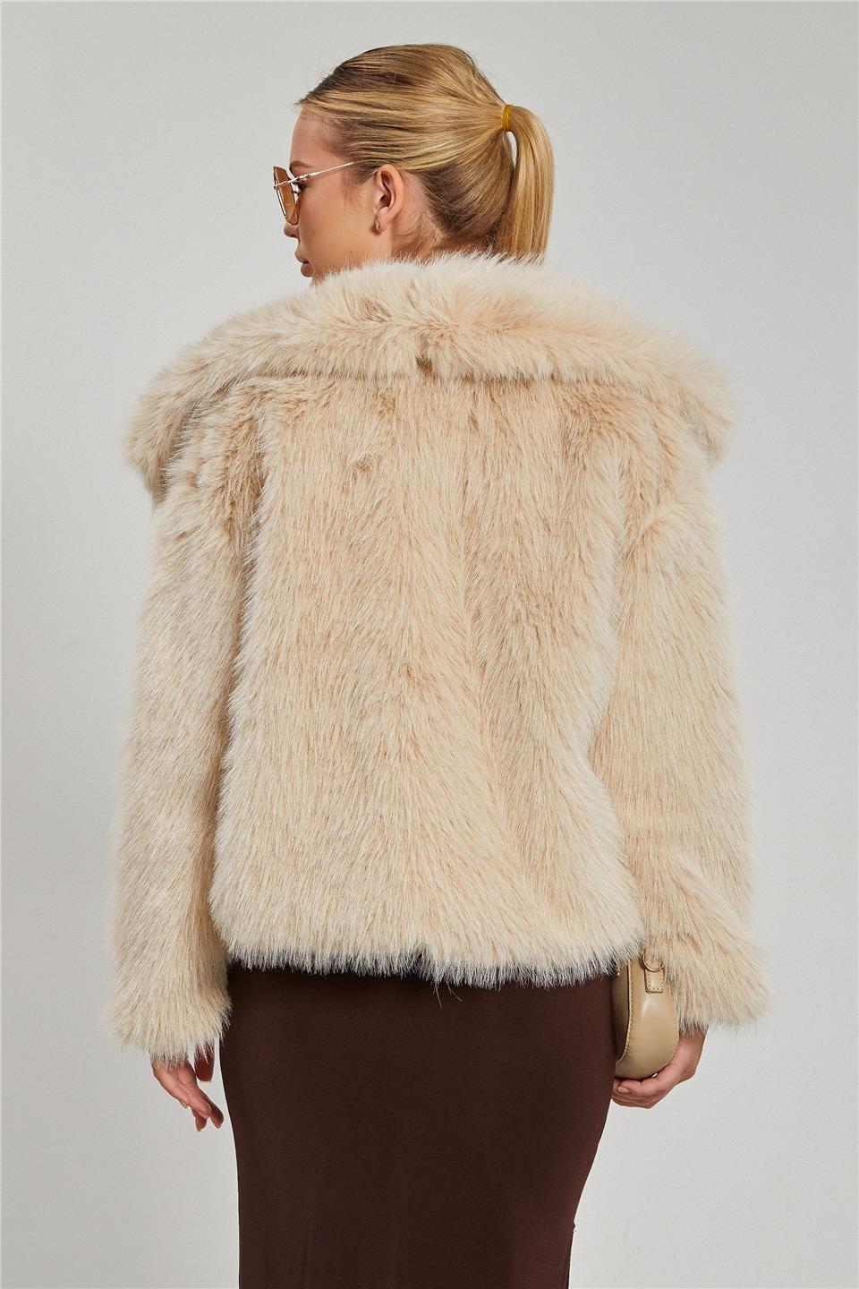 Kruvaze yaka peluş mont-23-273 - Taş