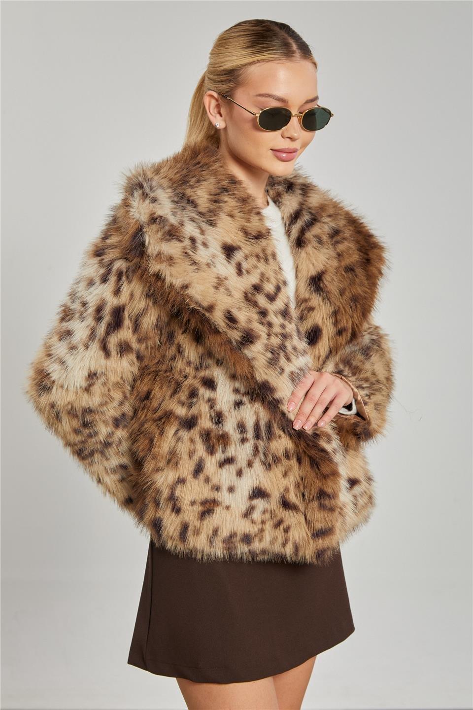 Leopar desenli peluş mont-26-031 - Kahve