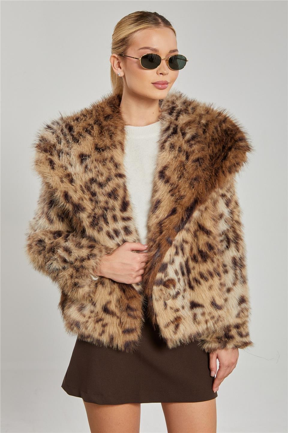 Leopar desenli peluş mont-26-031 - Kahve