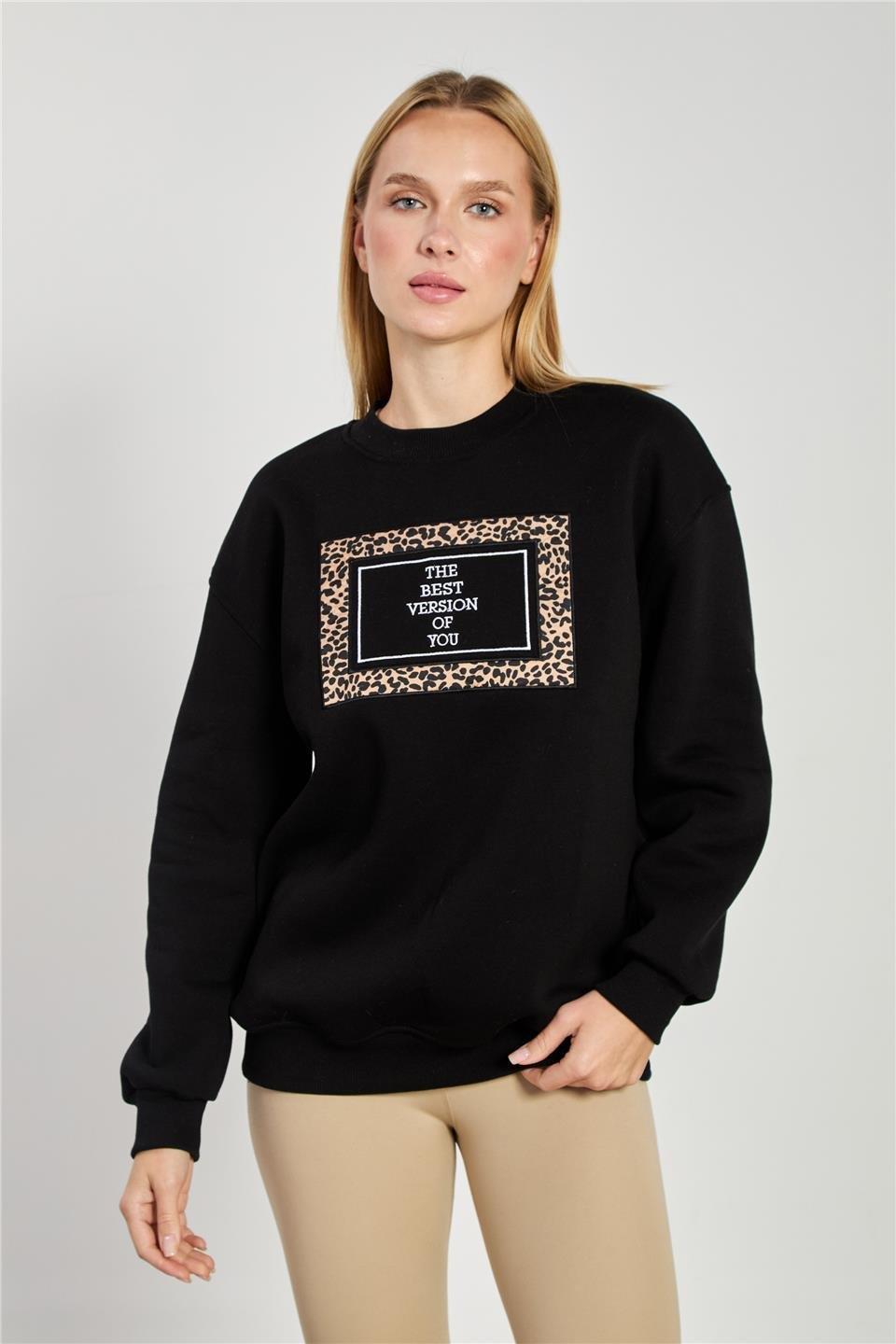 Leopar detay baskılı sweatshirt-10913 - Siyah
