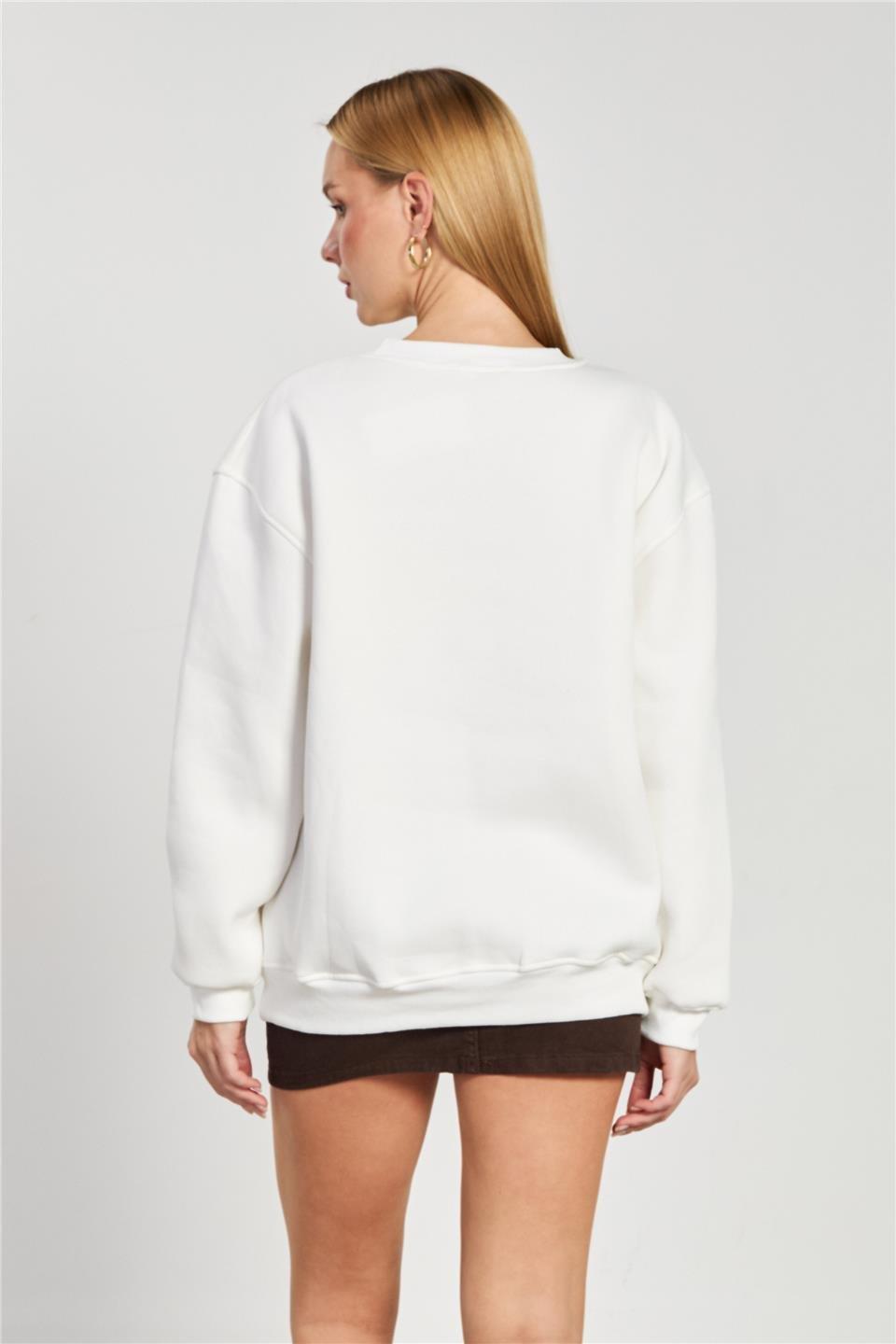 Leopar detay baskılı sweatshirt-10913 - Ekru