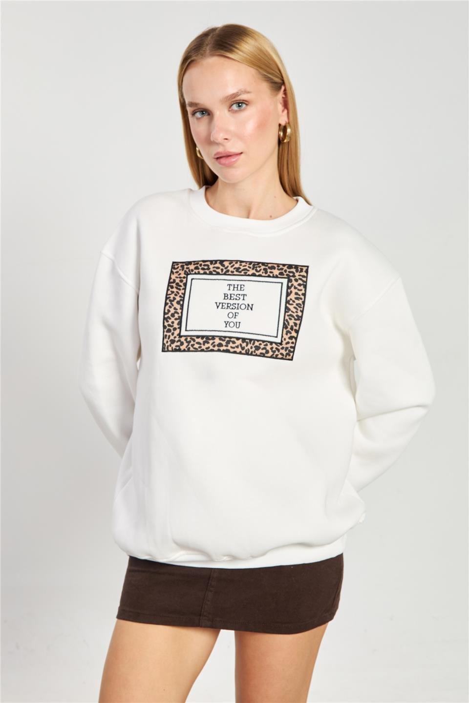 Leopar detay baskılı sweatshirt-10913 - Ekru