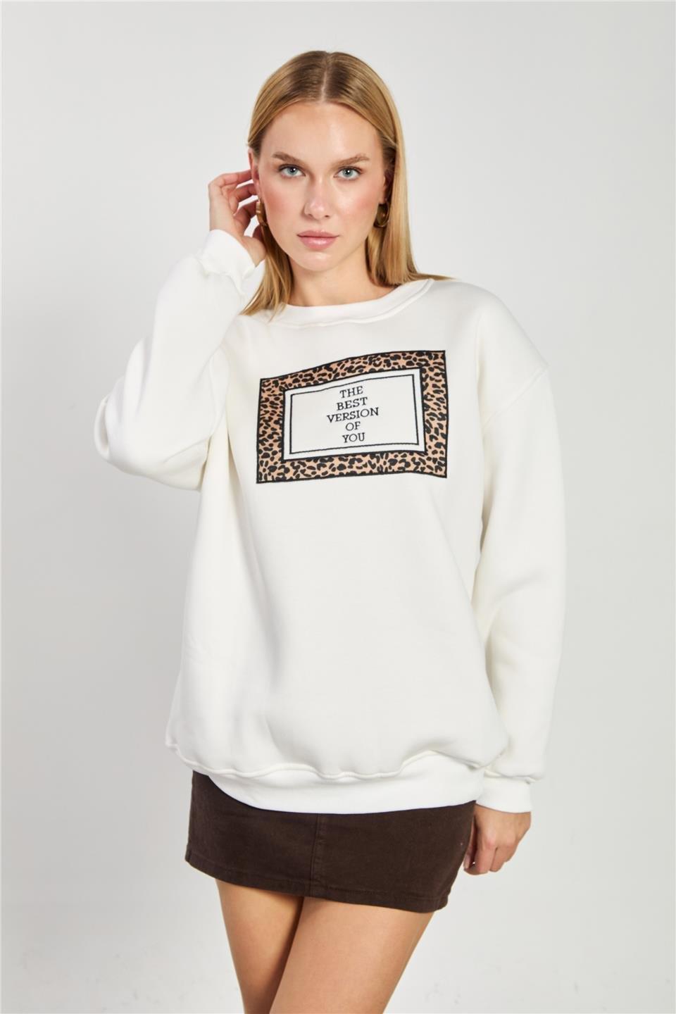 Leopar detay baskılı sweatshirt-10913 - Ekru