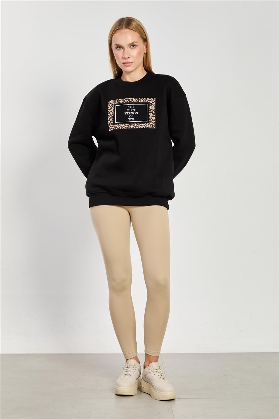 Leopar detay baskılı sweatshirt-10913 - Siyah