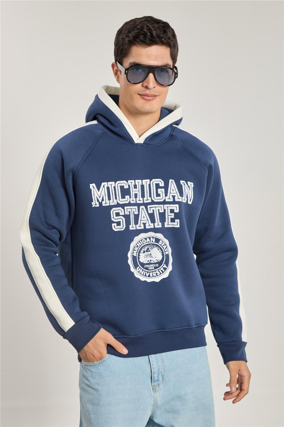 Michigan baskılı kapüşonlu sweatshırt-1156 - Lacivert/Ekru