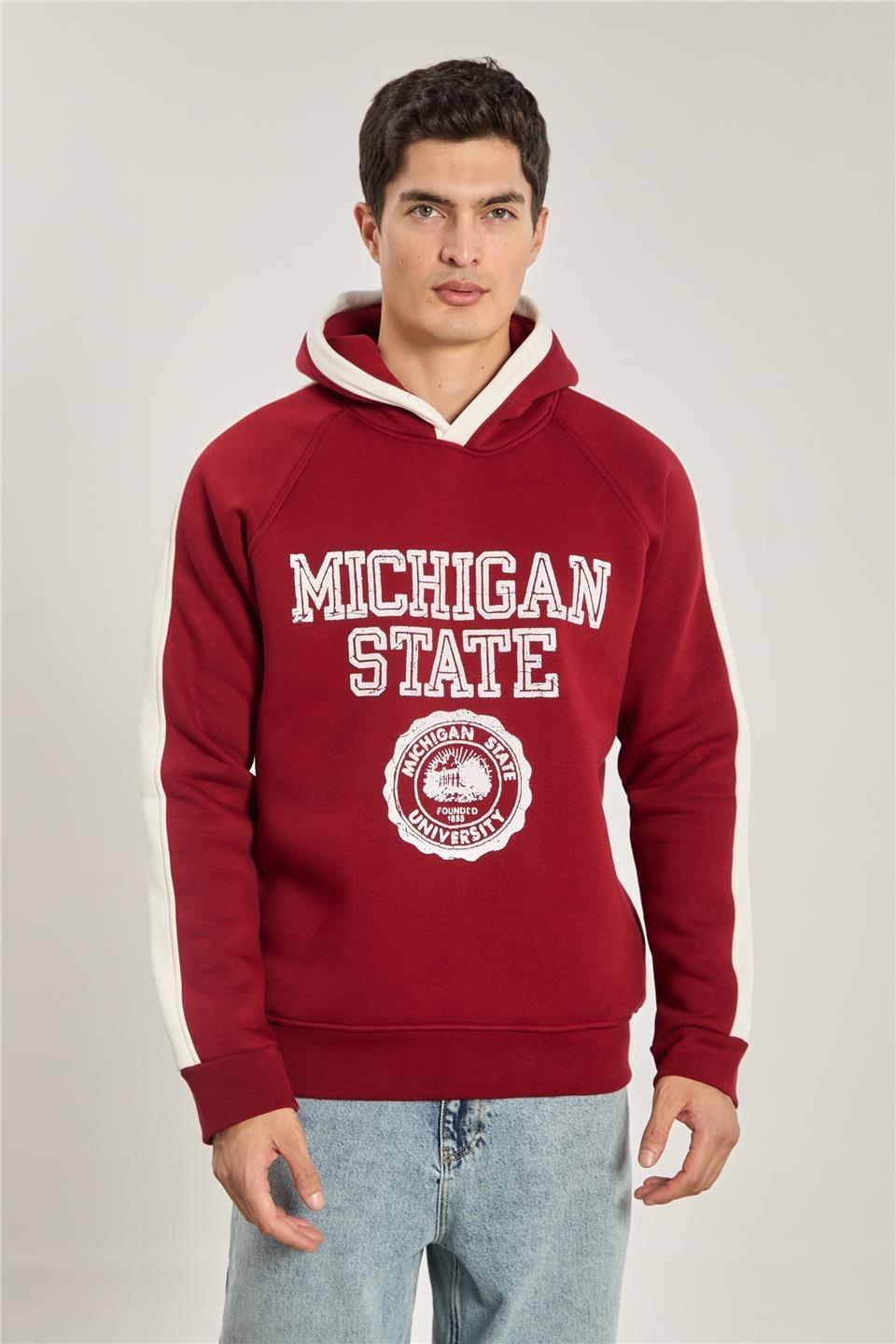 Michigan baskılı kapüşonlu sweatshırt-1156 - Bordo/Ekru