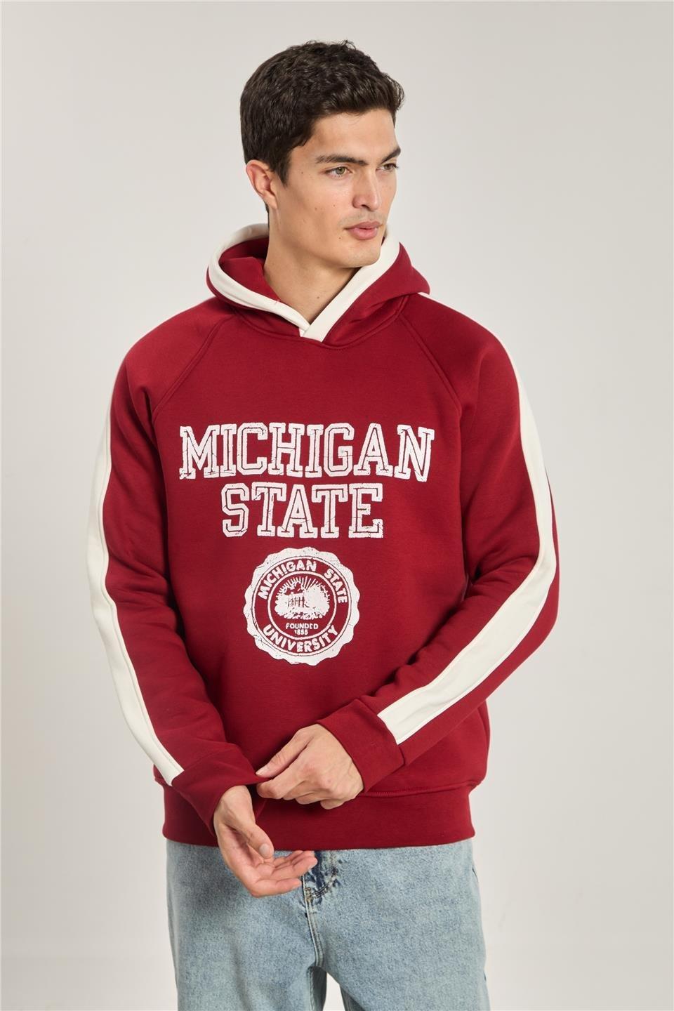 Michigan baskılı kapüşonlu sweatshırt-1156 - Bordo/Ekru