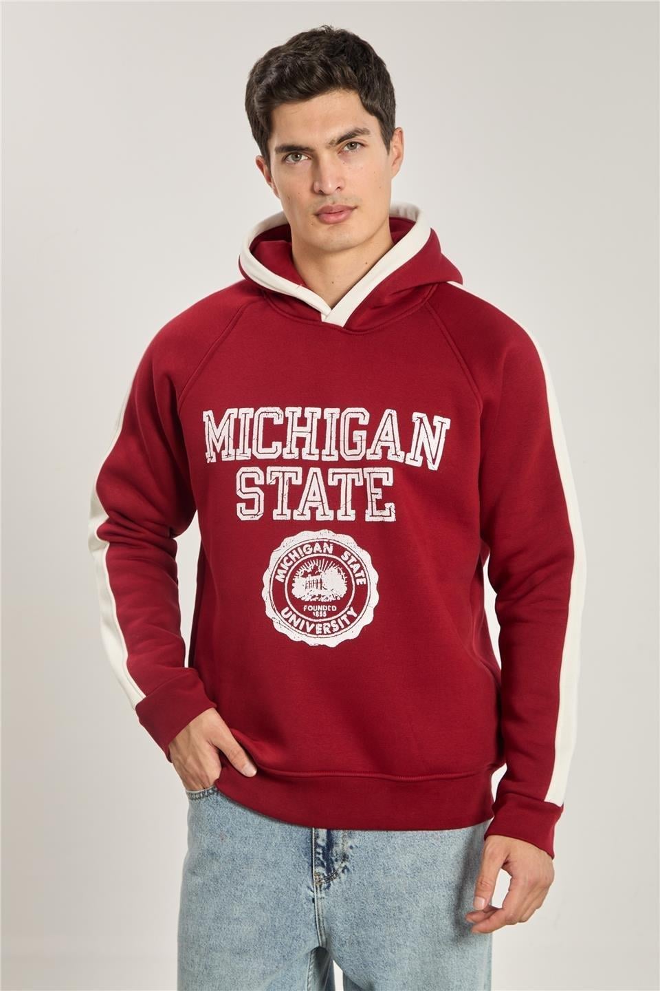 Michigan baskılı kapüşonlu sweatshırt-1156 - Bordo/Ekru