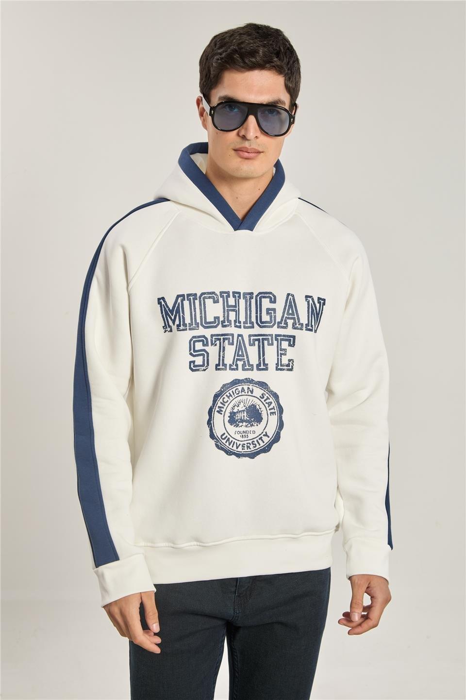 Michigan baskılı kapüşonlu sweatshırt-1156 - Ekru/Lacivert