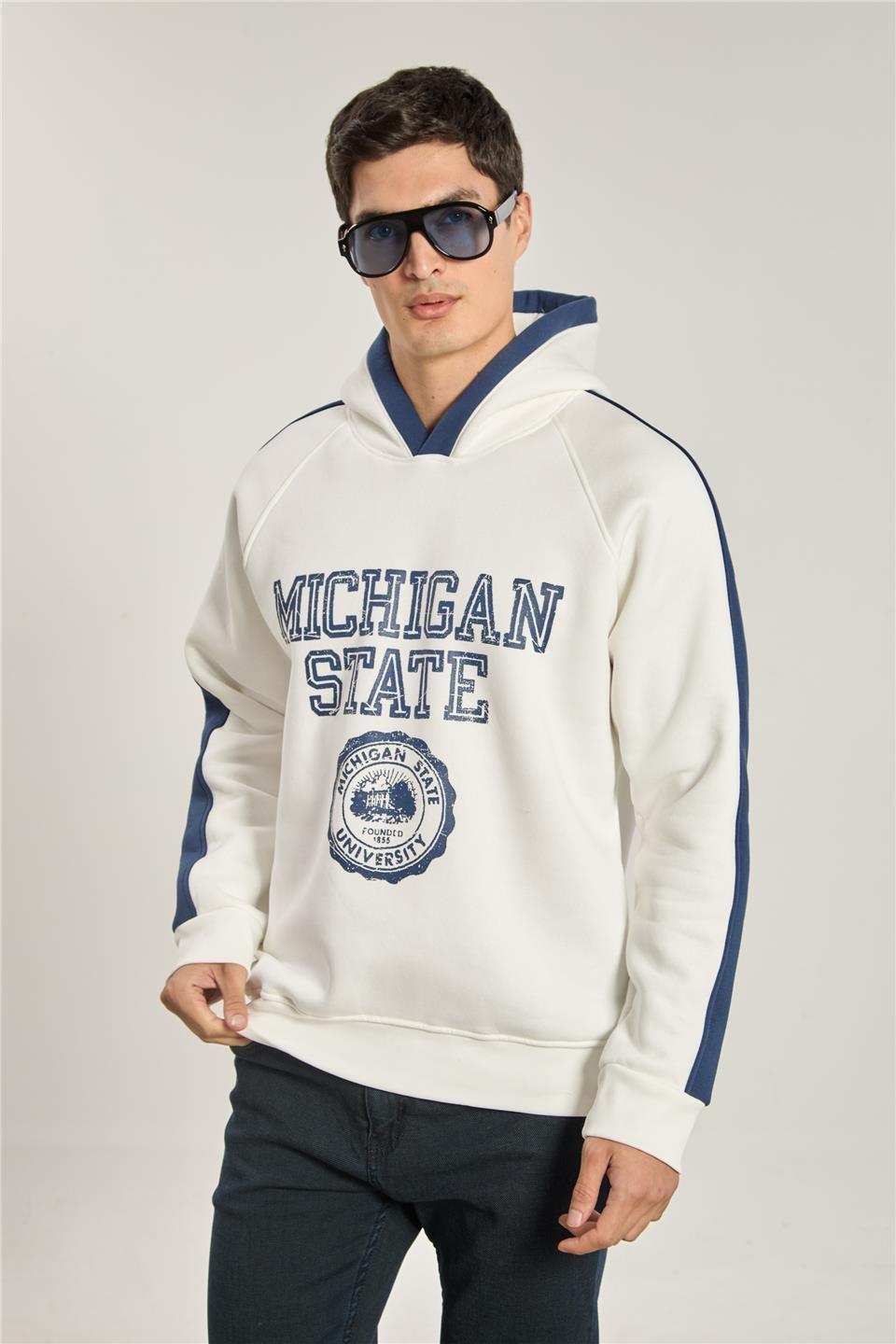 Michigan baskılı kapüşonlu sweatshırt-1156 - Ekru/Lacivert