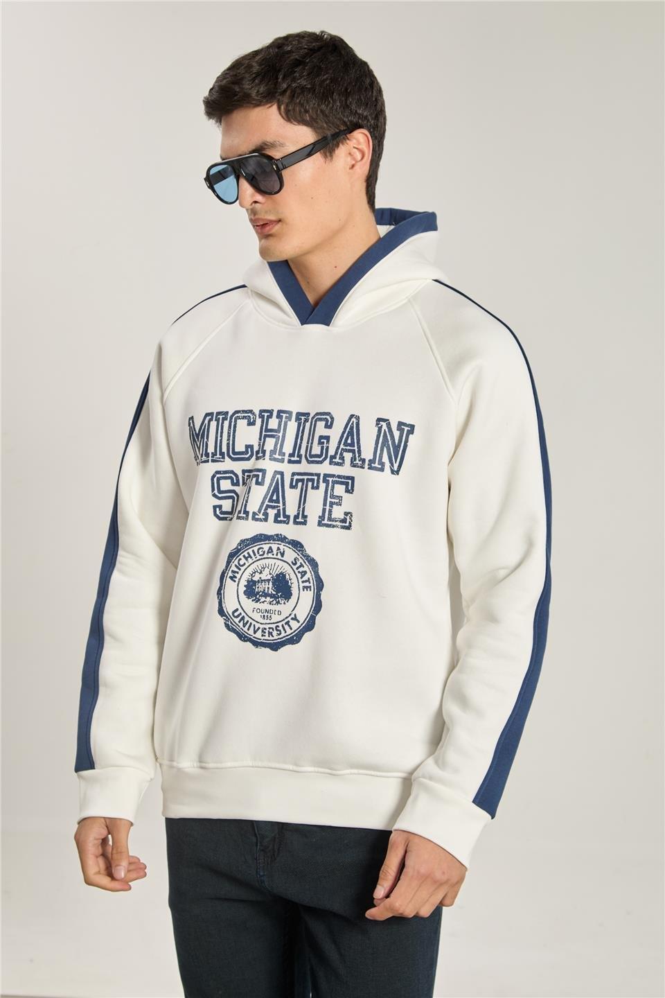 Michigan baskılı kapüşonlu sweatshırt-1156 - Ekru/Lacivert