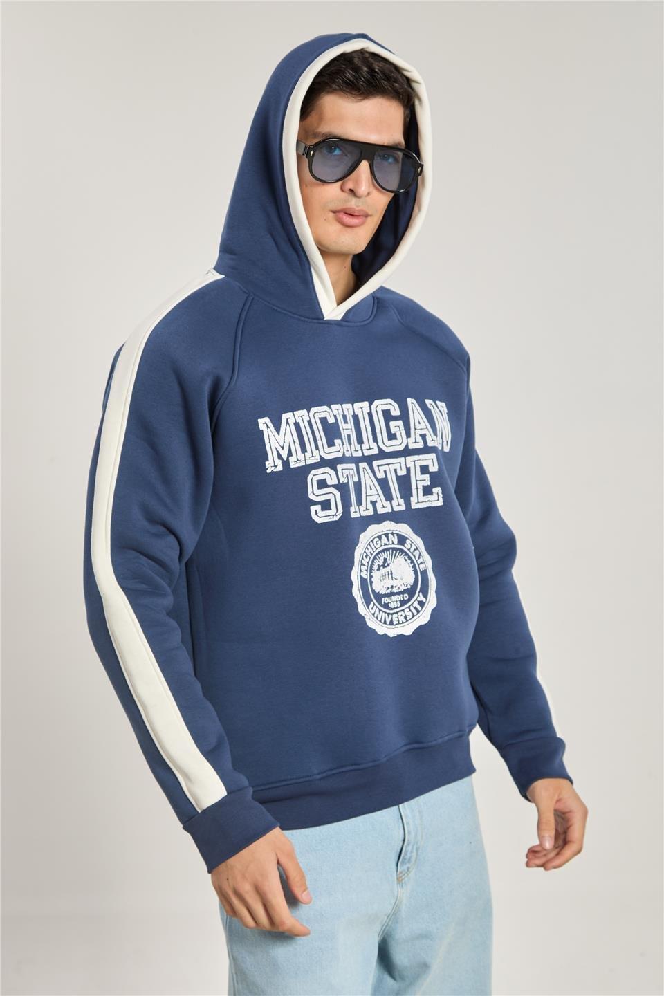 Michigan baskılı kapüşonlu sweatshırt-1156 - Lacivert/Ekru