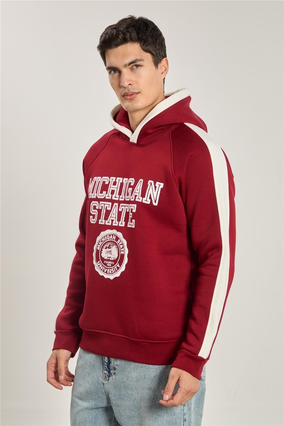 Michigan baskılı kapüşonlu sweatshırt-1156 - Bordo/Ekru
