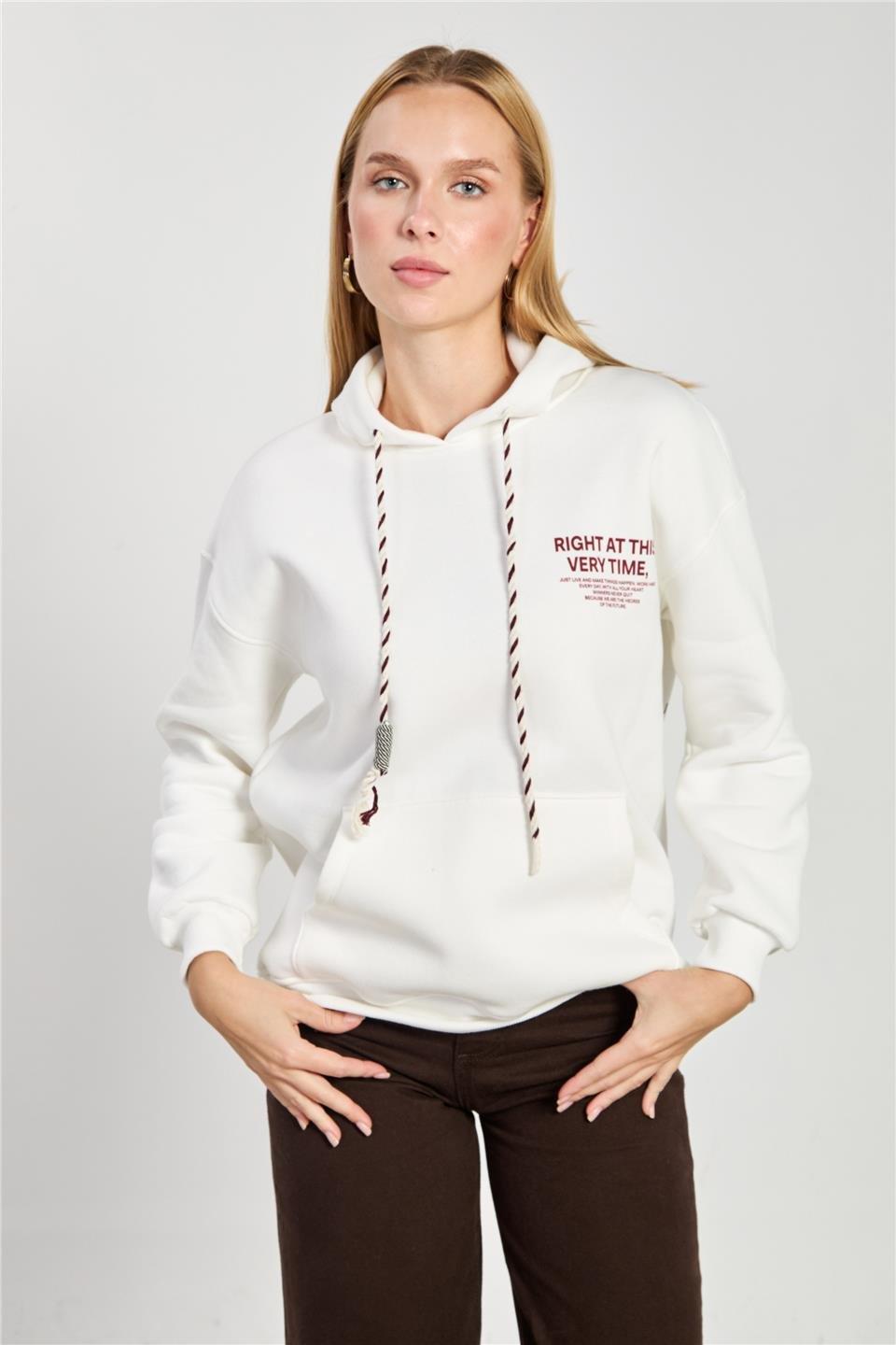Ön arka baskılı kapüşonlu sweatshirt-DVN1246 - Ekru